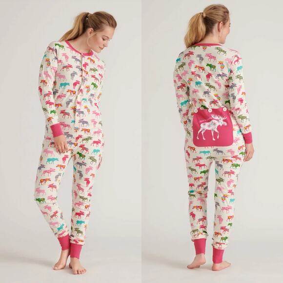 Hatley Little Blue House Moose Patterned Adult Onesie Pajama w/ Bum Flap M - Picture 1 of 6